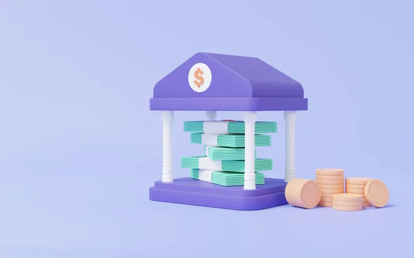 Render Cartoon Edificio Bancario Púrpura Mínima Con Pila Billetes Monedas — Foto de Stock