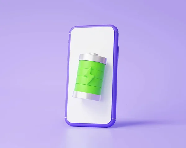 Full Batterigrön Status Med Mobiltelefon Lila Bakgrund Minimal Tecknad Stil — Stockfoto