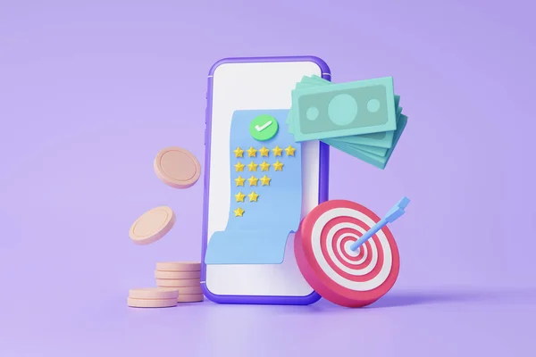 Pay money via app Internet banking, the bow target Online payments star score bill floating on mobile phone transaction concept. isolated purple background. Minimal cartoon. 3d rendering illustration