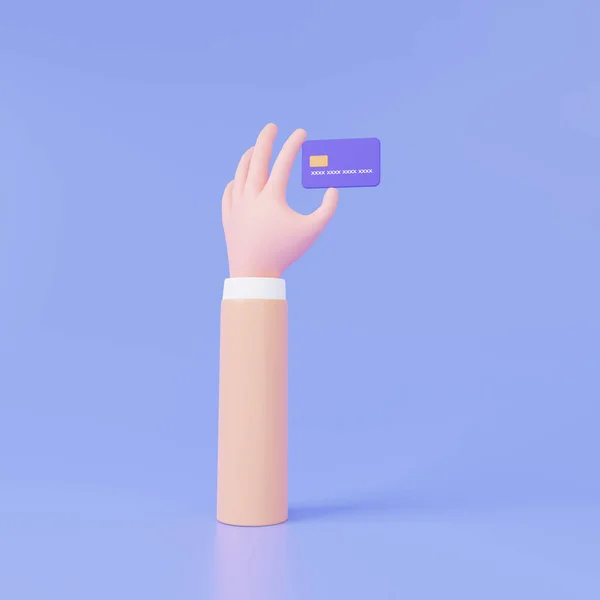 3D icon hand holding credit or debit card concept. Online payments money transfer. Bank deposit income, financial transactions on purple background. Minimal cartoon style. 3d render illustration