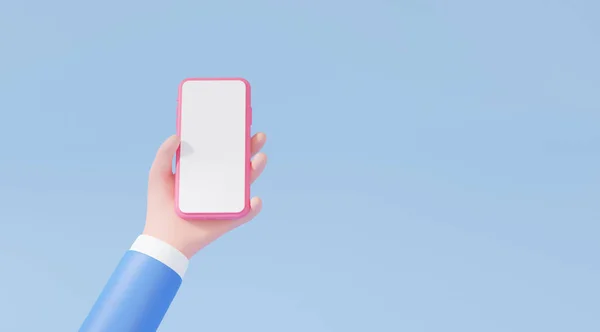 Cartoon Minimale Hand Houden Smartphone Blanco Wit Scherm Blauwe Achtergrond — Stockfoto