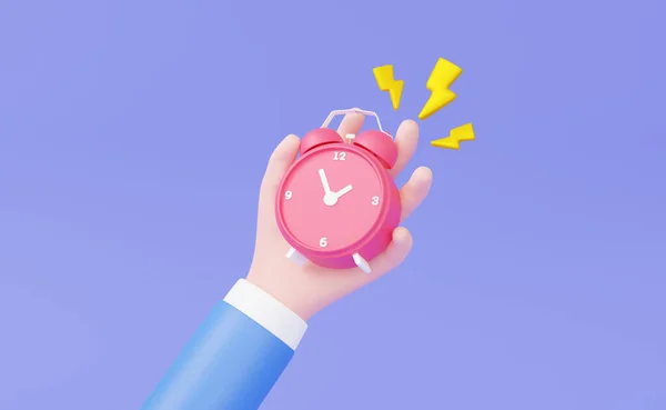 Hand holding pink clock analog telling time with thunderbolt floating on isolated pastel background. Minimal cartoon alarm clock cute smooth creative alert powerful concept. 3d render illustration