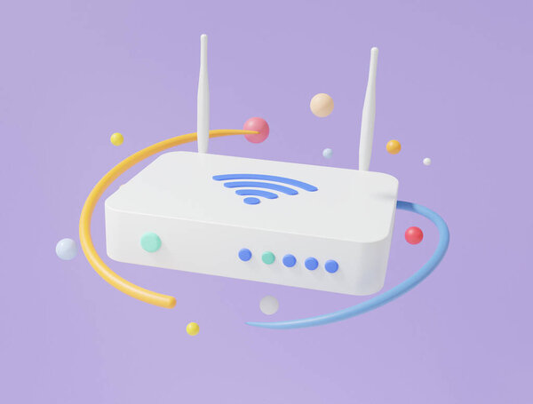 3D иконка Интернет Wi-Fi маршрутизатор плавающий на фиолетовом фоне Беспроводной модем Hotspot антенн сети. глобальная концепция подключения сигнала. Минимальный стиль мультфильма. 3D рендеринг. иллюстрация