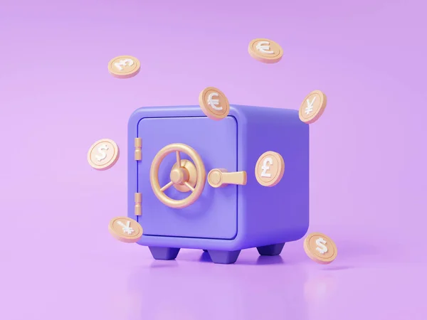 Safe Box Symbol Mit Schutz Währungssicherheit Münzen Pfund Yen Euro — Stockfoto
