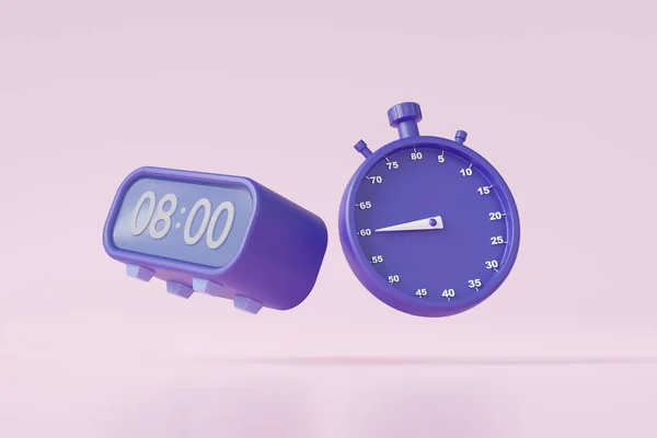 3Dパープルの時計のアイコンと古典的なストップウォッチは 隔離されたピンクのパステルの背景に浮かんでいます 分表示開始と終了 最小限の漫画かわいい滑らかな創造的なコンセプト 3Dレンダリング イラスト — ストック写真