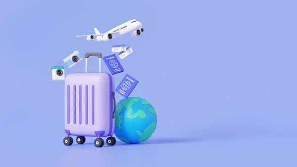 휴가철 지도와 승차권 이있는 가방은 비행기 여행을 컨셉이다 만화입니다 렌더링 — 스톡 사진