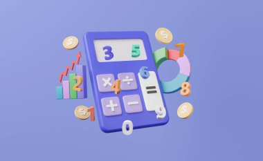 Hesap makinesi ve temel matematik işlemleri matematiği simgeler, artı, eksi, çarpma, sayı bölü mor zemin. Matematik öğrenme konsepti. Minimum çizgi film. 3d resimleme