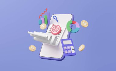 Akıllı telefon dijital çevrimiçi pazarlama analitik optimizasyonu, büyüme grafiği, hisse senedi ticareti geliştirme kavramına 3 boyutlu bir ikon fatura hedefi. Planlama, danışmanlık. 3d resimleme