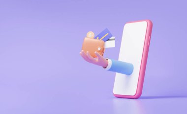 Cep telefonu işadamı para cüzdanı tutuyor. Nakit para konsepti. Bozuk paralar, banka hesapları, kredi kartı harcamaları tasarruf çevrimiçi ödemeler izole mor arka plan yatırım. 3d resimleme