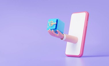 3D simge elemanı cep telefonu işadamı kazanç konseptli kasa tutuyor. Tasarruf, azaltma maliyeti, güvenlik, mor arka planda çizgi film tarzı, afiş. 3d oluşturma