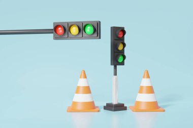 3D üç kırmızı sarı yeşil renk trafik ışıklarını işaret ediyor ve gökyüzü mavi arka planında izole edilmiş trafik konileri var. Trafik lambası taşıma sembolünü uyarın. 3d resimleme