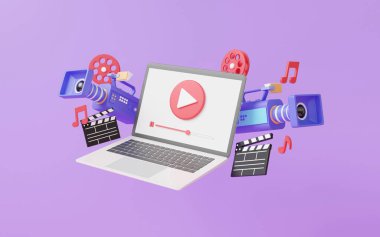 Bilgisayar dizüstü bilgisayarı, eğlence medyası yaratıcı profesyoneli, minimal çizgi film, internet, pankart, kopya alanı, 3D resim çizimi ile birlikte video oynatıyor.