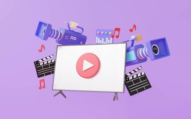 Mor zemin üzerinde film kamerası, eğlence medyası yaratıcı, asgari çizgi film unsurları, internet, pankart, kopya alanı, 3D resimleme