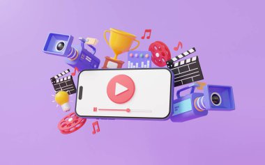 Mobil telefon modern yayın videosu ödül kupası fikri ile yüzen film kamerası fikri eğlence medyası yaratıcı profesyonel, alkışlama tahtası unsurları, internet, kopyalama alanı, 3D görüntüleme