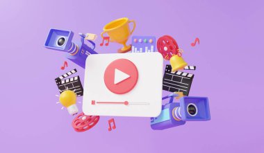 3D canlandırma video multimedya ile film kamerası ödül fikri ile yüzüyor eğlence medyası yaratıcı profesyonel, alkış tahtası unsurları, asgari çizgi film illüstrasyonu