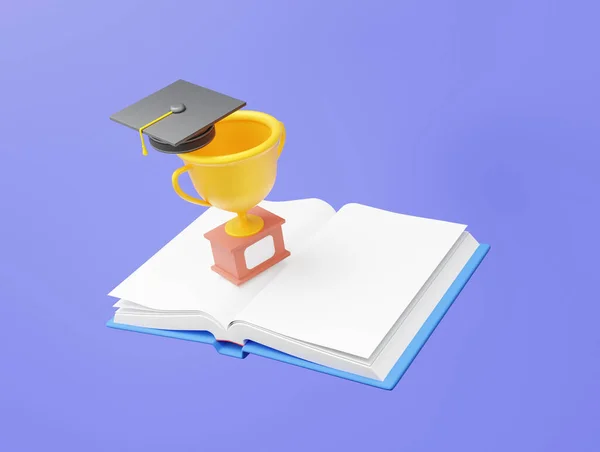 Open book with Graduation cap trophy cup floating on purple background. idea creative champion reading writing training learning online education concept. 3d rendering illustration. Minimal cartoon