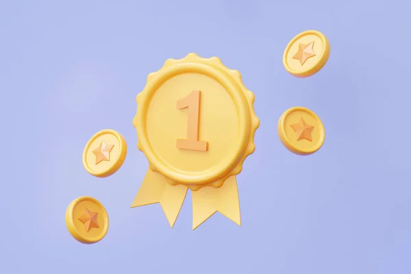 パステルカラーの背景に1位とコインが浮かぶ黄金のコイン 保証アイコン 最高の賞のゲーム保証プレミアム品質保証コンセプト 最小限の漫画 3Dレンダリング図 — ストック写真