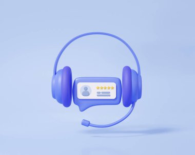Pastel arka planda puan ortalaması çağrı merkezi müşteri hizmetleri simgesi. Telefon görüşmesi, sosyal medya, danışman konuşma konsepti. Minimum çizgi film kulaklığı. 3d resimleme
