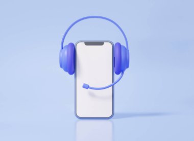 3D akıllı telefon boş beyaz ekran. Kulaklık, çağrı merkezi müşteri hizmetleri, pastel arka planda. Operatör cep telefonuyla iletişim kurmaya yardımcı olur, danışman konuşma konseptini destekler. 3 boyutlu görüntüleme. resimleme