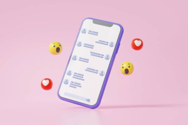 3D cep telefonu beyaz sohbet platformu sosyal medya dijital pazarlama online konsepti emoji, kalp, pembe arka planda süzülüyor. Minimum çizgi film. 3d resimleme