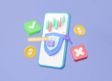 Şifre koruma kalkanı ve güvenlik ile işaretleme işareti, hisse senedi alım-satım, mor arka planda çevrimiçi mobil ödeme koruma sistemi, minimum çizgi film. 3d resimleme