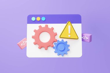 Mor arka planda yüzen kodlama dili web sitesi geliştirme. Yazılım geliştiricisi konsepti. Hata sistemi uyarı sembolü web UI-UX tasarım programı verisi. En az çizgi film tarzı. 3d resimleme