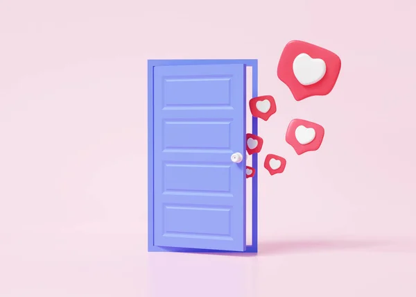 Open Deur Drijft Hart Roze Achtergrond Winkelen Online Valentijnsdag Concept — Stockfoto