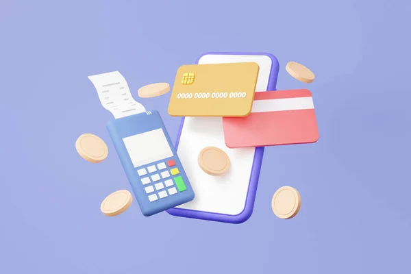 Mobile phone with credit card bill payment POS terminal and coins floating on purple background. Money digital transfer transactions online shopping. Economic financial concept. 3d rendering
