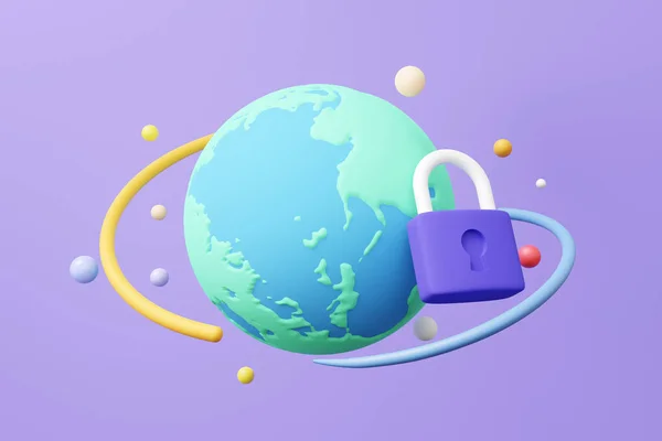 Glob Ikon Med Hänglås Flyter Lila Bakgrund Cybersäkerhet Världsomspännande Skydd — Stockfoto