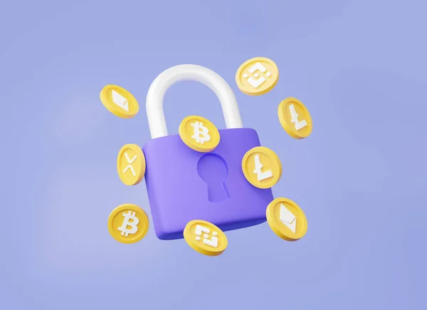 3D Electronic padlock Cyber security protection cryptocurrency digital account identity id privacy password secure data information investment trader concept. Cartoon minimal. 3d render illustration