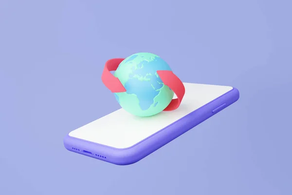 Minimal cartoon mobile phone with globe arrow icon floating on purple background. Cyber security worldwide protection concept. transport earth world map. 3d rendering. illustration