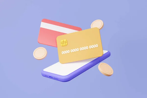 Render Online Payments Credit Debit Card Concept Coins Floating Purple — Foto de Stock
