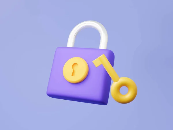 Key Security Protection Concept Unlock Padlock Icon Floating Purple Background — Stock Photo, Image