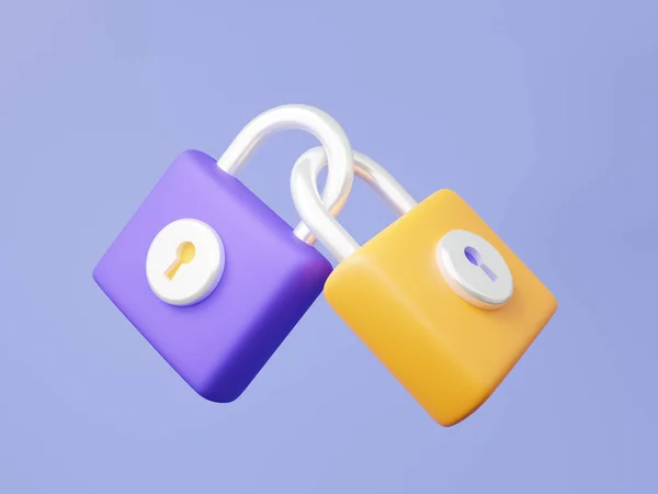 Two padlock icon floating on purple background. account identity, id privacy password secure personal data information safety house. Key security protection concept. 3d rendering illustration
