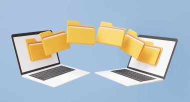 3 boyutlu iki dizüstü bilgisayar dizini dizüstü bilgisayarın yedek belge yönetimine, depolama paylaşımı verilerine, finans sektörüne, minimal çizgi film tarzına taşıyor. 3D görüntüleme. resimleme