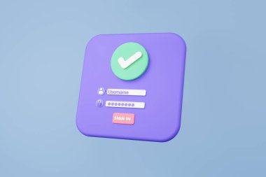 Onaylanmış onay işareti imzalama simgesi kullanıcı adı parolasını aç. Kişisel online hesap, profil adı, güvenli giriş web güvenliği, teknoloji, koruma, güvenlik doğrulaması. 3d resimleme