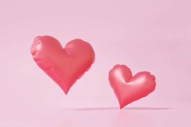 Üç boyutlu iki kırmızı kalp balonunu pembe pastel arka planda yüzdürüyor. Sevgililer günün kutlu olsun. Aşk konseptiyle ilgili ana mesaj. 3d simge illüstrasyonu