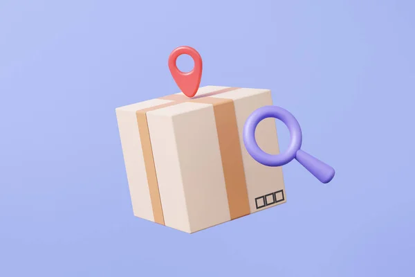 Search parcels box with tracking logistics transportation service concept. Checklist navigation pin location, import Integrated warehousing floating on purple background. 3d render illustration