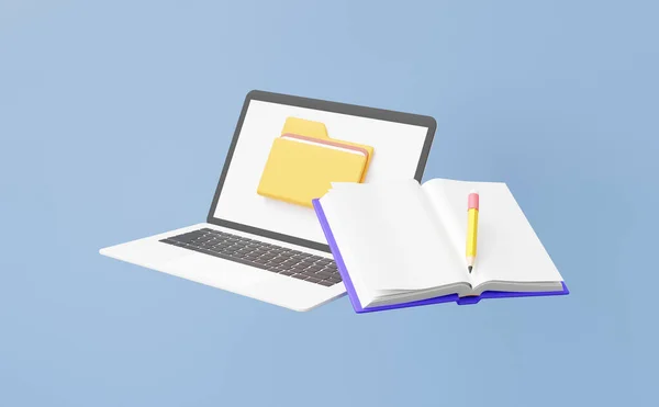 3D Laptop mockup with file folders document floating on pastel background. open book pencil learning online education concept. minimal cartoon style. 3d rendering. illustration