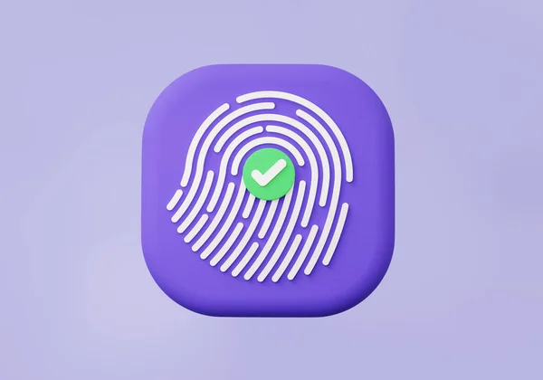 3D Fingerprint icon with correct check mark approved unlock cyber security protection concept. account identity id app privacy password secure personal data information. 3d rendering illustration
