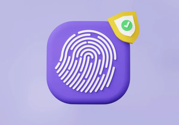 Protection shield fingerprint icon with correct check mark approved unlock cyber security protection concept. account identity id app privacy password secure personal data information. 3d render