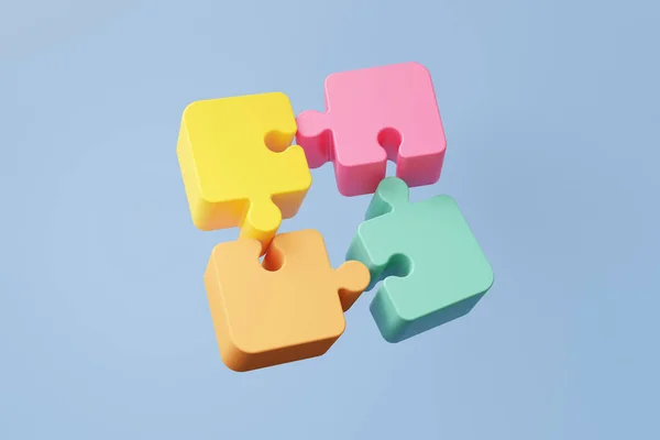 3D render Brainstorming teamwork concept. jigsaw puzzle pieces icon floating on pastel background. solution collaboration in business development. idea teamwork financial illustration
