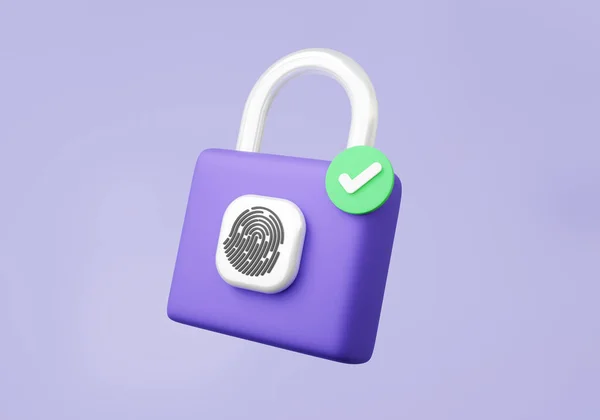 3D指纹锁 有标记 在紫色背景上漂浮 锁定网络安全保护概念 帐户身份识别码隐私密码安全个人资料资料 3D渲染 — 图库照片