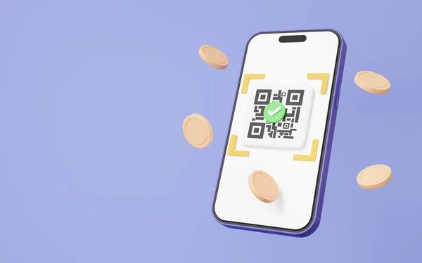 QR code scanning via mobile phone correct mark finish with coins floating on purple background. pay money or online payment, shopping special concept. digital transaction financial. 3d render