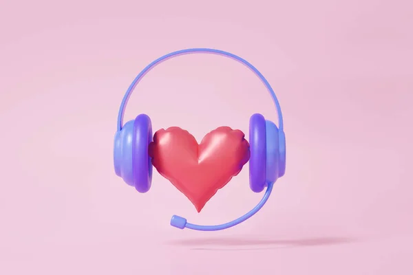 Müzik Konseptine Bayılırım Kırmızı Kalp Kulaklıkla Müzik Dinleyerek Eğlence Pembe — Stok fotoğraf
