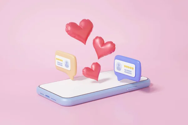在粉红的背景下 情人节快乐地飞着心 显示聊天警告两个泡沫言论评级评论 通过手机社交媒体在线交流的概念 3D渲染说明 — 图库照片