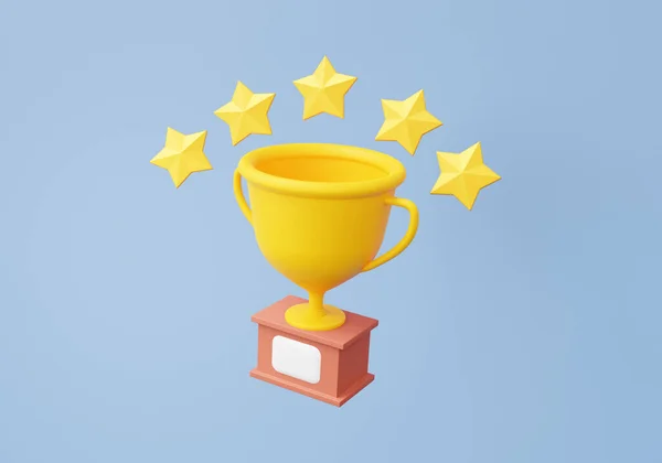 Trophy cup icon with score five star floating on sky blue background. Cartoon minimal cute smooth. Best award game assurance guarantee quality. 3d rendering illustration