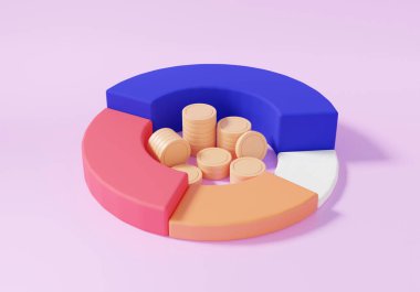 Yığınla madeni para, finansal grafik ekonomisi analitik para yönetimi ile 3D tablo. Eğitim masraflarını azaltan istatistikler. Pembe arka planda. 3d resimleme