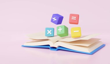 Matematik eğitimi konsepti açık çizgi film. Basit matematik işlemleri matematiği renklendirir, artı, eksi, çarpma, sayı bölme. 3d resimleme