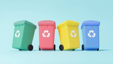 Üç boyutlu sınıflandırma çöpü, dört çöp tenekesi yeşil, kırmızı, sarı, mavi, geri dönüşüm sembolü çeşitli kapaklı çevre koruma kavramını açar. Atık ayıklama. 3 boyutlu görüntüleme. Çizim karikatürü biçimi